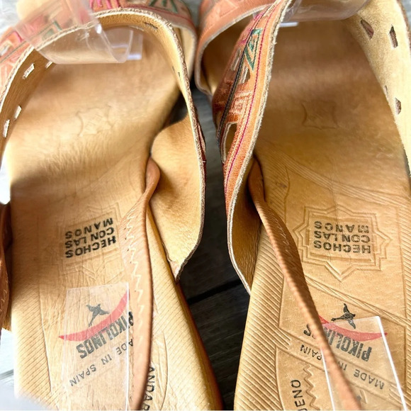 Pikolinos  Brown Tan Leather Embroidered Square Toe Slingback Sandals - Picture 8 of 14
